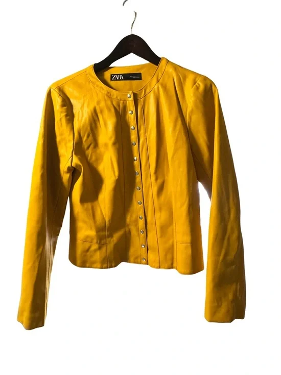 Zara Women's Yellow Snap-Front Leather Jacket - Picture 2 of 8